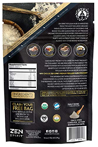 Psyllium Husk Powder - Indian Organic Fiber Premium Grade Superfood (Raw) - USDA & Vegan Certified - 1 LB (16oz) - Perfect for Smoothies, Baking, Desserts & Breakfast.