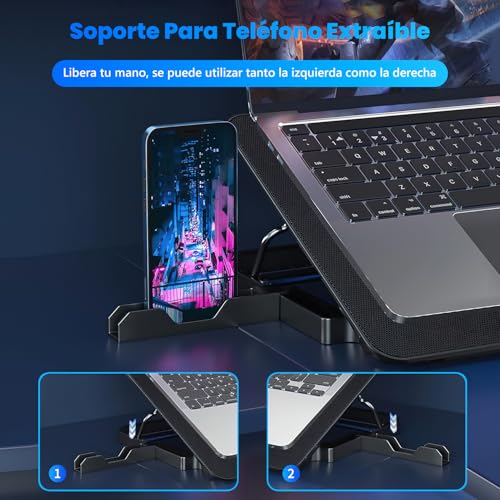 Ventilador para Laptop con 6 Ventiladores Silenciosos,Enfriador Laptop de 5 Ángulos Ajustables,Base de Refrigeración para Ordenador Portatil con Luces LED,Dos Puertos USB para Portatil de 12"-17.3"