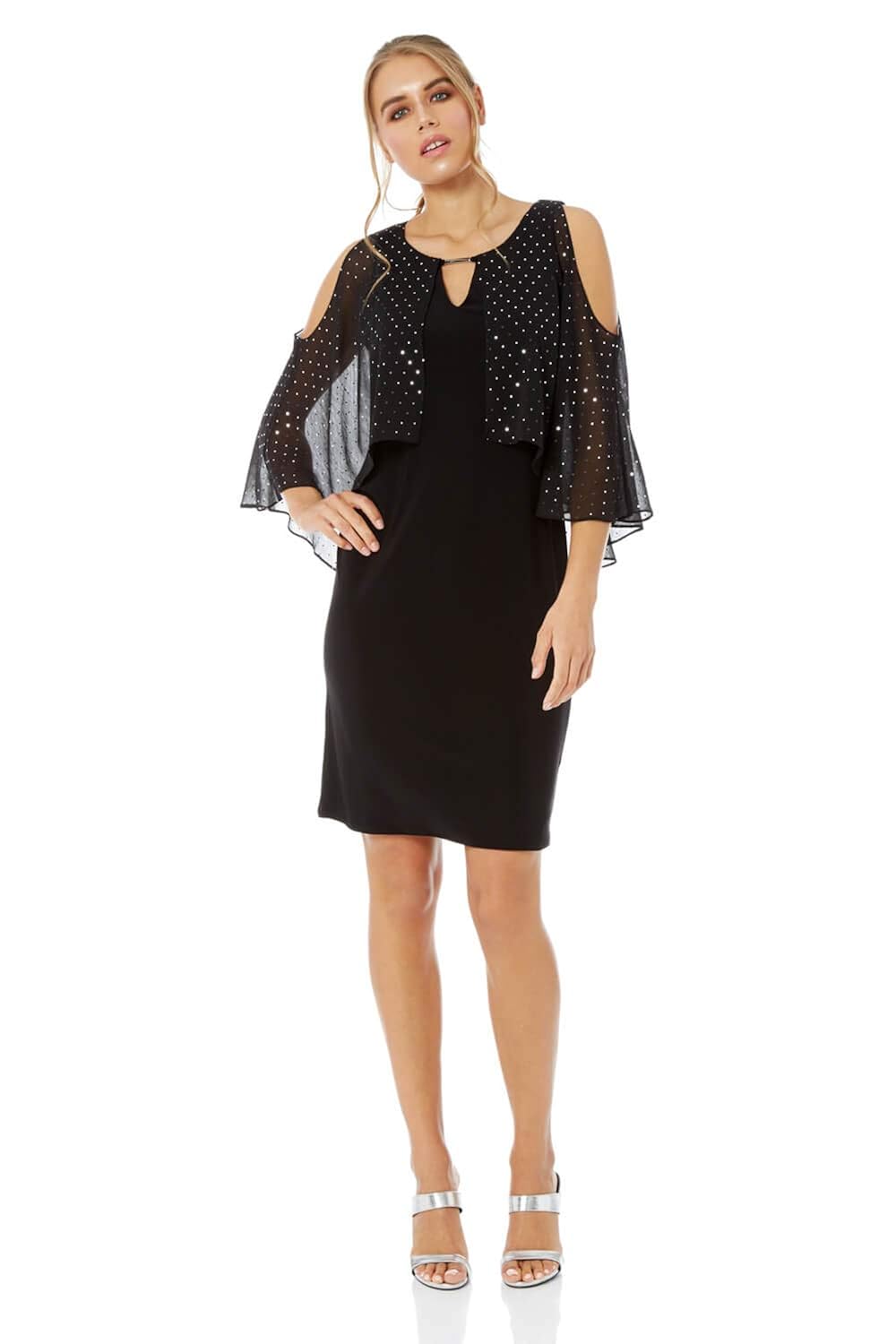 Roman Originals Women Spot Glitter Chiffon Overlay Little Black Dress