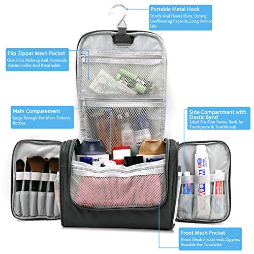 Handing Toiletry Bag for Men & Women,Extra Large Capacity Travel organizer with Sturdy Hook Personal Waterproof Makeup Pouch Cosmetic Bag Lightweight Dopp kit Shaving Bag (Gray)