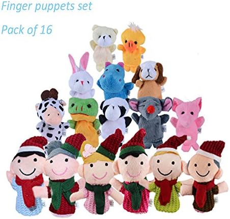 SHOBO Finger Puppets Set Including 10 Animals Plus 6 People Family Member Finger Puppets for Toddlers Baby Kids for Story Time, Shows, Playtime, Schools