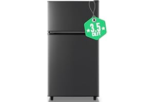 WANAI Mini Fridge with Freezer, 3.5 cubic feet 2- Doors Small Refrigerator Features 7 Gear Mechanical Control, Side Bottle Rack, LED Light, 2 Glass Removable Shelves, Crisper Drawer, Dark Grey