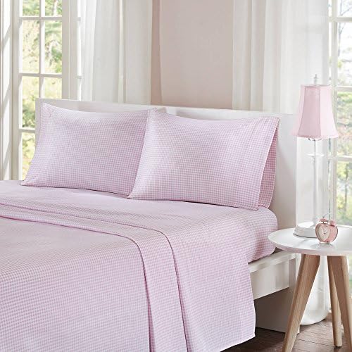 4 Piece Girls Pink Gingham Plaid Sheet Full Set, Elegant Classic Tartan Chekered Design, Features Deep Pocket, Fully Elasticized Fitted Sheets, Vintage Casual Style, Cotton, For Adults