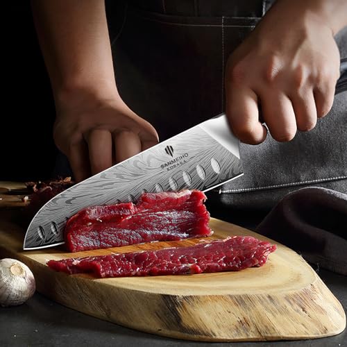 SANMEIHO Powder Steel Kitchen Knife, Japanese Chef's Knife, Santoku Knife, 18 cm, Professional Chef's Knife with High Carbon Content, Sharp Kitchen Knife with Ergonomic Pakka Wood Handle