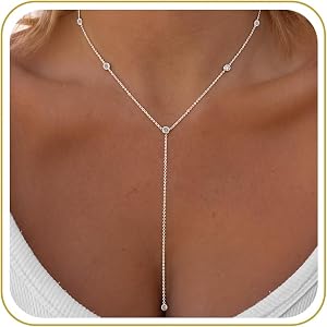 Tewiky Dainty Diamond Lariat Necklace for Women, Long Y Necklace | 14K Gold/Sterling Silver Plated Non Tarnish Necklace, Wate