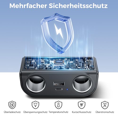 SOARUN 120W Auto Ladegerät,12V/24V KFZ Zigarettenanzünder Verteiler 6 in 1 | 2 Fach Steckdose mit 36W PD & 3 USB, Zigarettenanzünder Stecker für iPhone/iPad/Dashcam/GPS,Handy Adapter mit LED Voltmeter