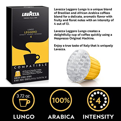 LAVAZZA PREMIUM COFFEE CORP NESPRESSO ORIGINALLINE COMPATIBLE CAPSULES, LEGGERO ESPRESSO LUNGO, MEDIUM ROAST COFFEE, 10 CT