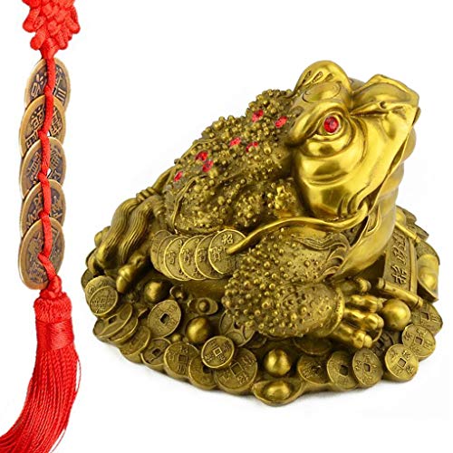 Amperer Traditional Brass Feng Shui Money Frog Three Legged Wealth Frog or Money Toad Statue and Set of 5 Lucky Charm Ancient Coins on Red String Home Car Fengshui Decor (C1 Money Frog)