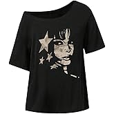 winkbay Women's Off The Shoulder Tops Y2k Oversized Graphic Tees Vintage Short Sleeve Rave T Shirts Streetwear