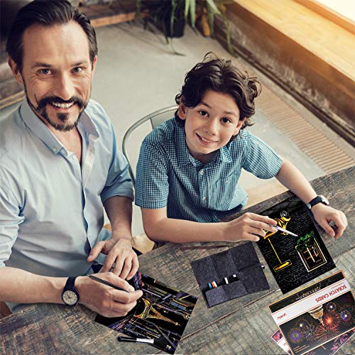 Scratch Paper Rainbow Scratch Art Paper Scratch Arts and Crafts for Adults and Kids DIY Art Craft Night View Painting Kits with 8 Sheets Scratch Cards & Scratch Drawing Pen (Girl&Street Corner)