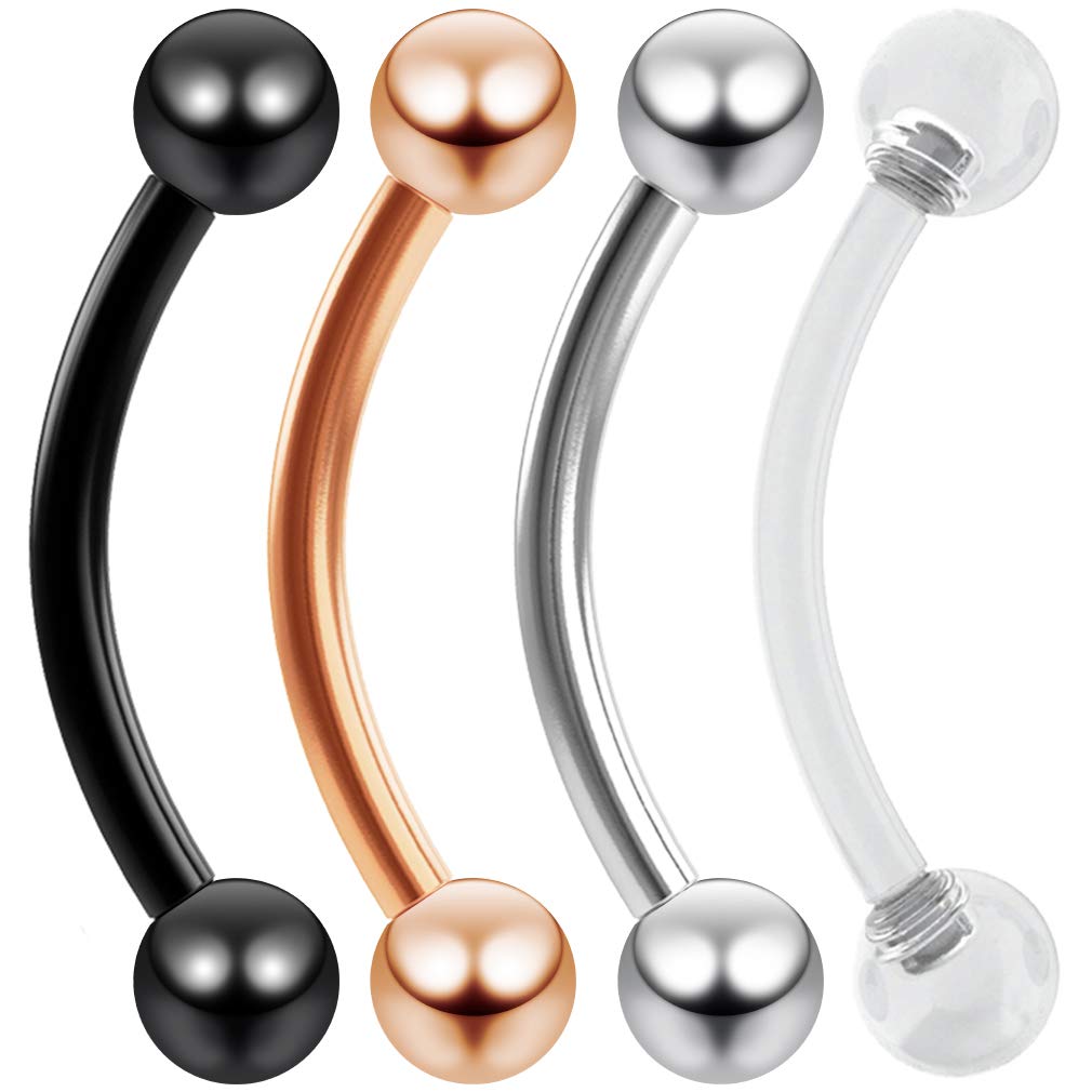 3pc 16g 1.2mm Vertical Labret Bar Curved J-Curve Bar Lip Rings Stainless Steel Eyebrow Earrings 10mm - 2pc Clear Retainer Keeper