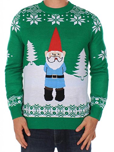 Men's Ugly Christmas Sweater - The Suspicious Gnome Sweater Green Size L