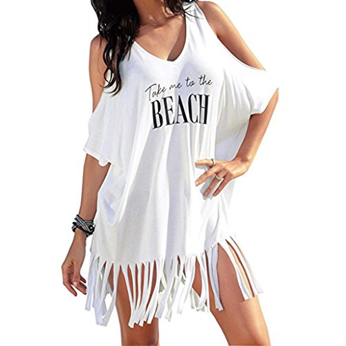 Meyerlbama Womens Dress, Tassel Letters Print Baggy Swimwear Loose Bikini Cover-UPS Beachwear (S, White)
