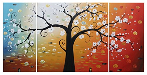 Ode-Rin Art Christmas Gift Hand Painted Oil Painting White Flowers Tree 3 Panels Wood Inside Framed Hanging Wall Decoration