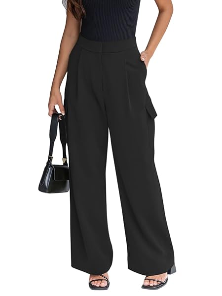 NIMIN WOMENS HIGH WAISTED WIDE LEG CARGO PANTS LOOSE OFFICE WORK DRESS PANTS TROUSERS WITH 4 POCKETS 2024 CLOTHES BLACK MEDIUM