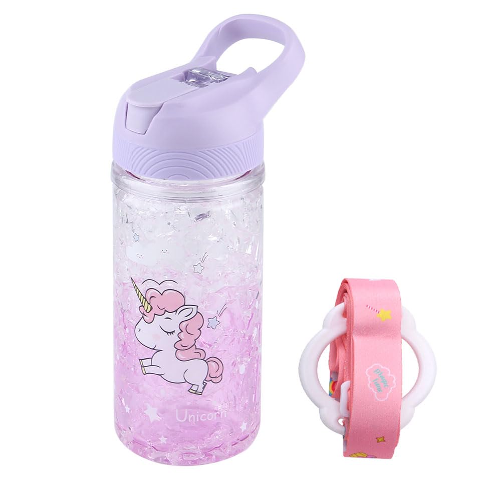 XinHuiGY Unicorn Water Bottles for Girls, Creative Double Wall Freezer Ice Cup Water Bottle with Straw and Safety Lock, Purple Outdoor Indoor Water Bottle,400ML for school, boys, unicorn lover