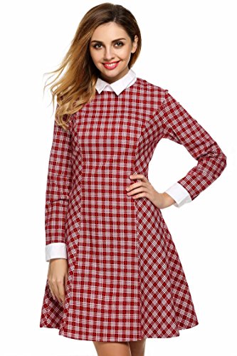 Women's Casual Doll Collar Plaid Long Sleeve Knee Length Swing Dress (XXXL, Red)