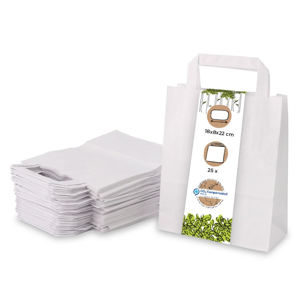 BIOZOYG white Paper Bags with Handle I Eco-Friendly Paper Bag made of Kraft Paper I Gift Bag biodegradable, compostable Bags I 25 x white Paper Carrier Bags with Handle 18x8x22 cm