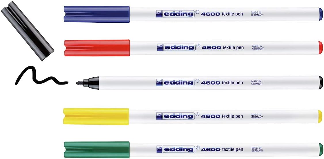 edding 4600 textile pen, black, red, blue, green, yellow, set of 5, round nib 1 mm