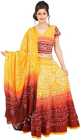 NAVRATAN HANDICRAFT Jaipuri Sequin n Beads Work Bandhej Lehanga Choli Yellow Red Tie n dye Cotton Lehenga at Best Prices 13