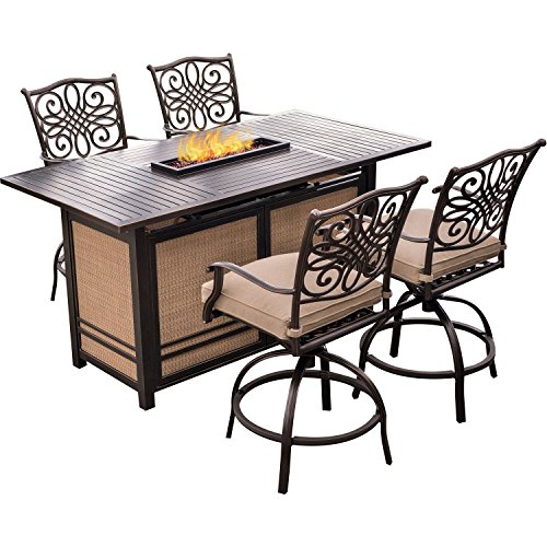 Hanover Traditions 5 Piece High-Dining Bar Set in Tan with 30,000 BTU Fire Pit Bar Table