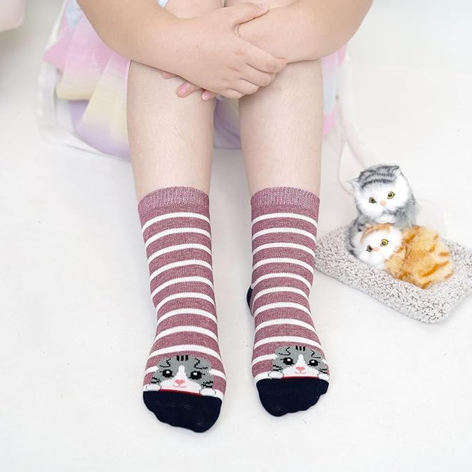 PUTUO Kinder Mädchen Socken Kindersocken: Mädchen Lustige Socken aus Baumwolle Kinder Bunt Tiere Gemustert Strümpfe größe 31-34 Zeichentrickkatze 5 Paare thumbnail 2