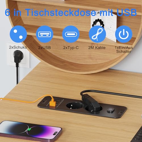 Versenkbare Steckdose 2 Fach, Tischplatte Steckdose mit 2 USB C, Einbausteckdose mit 2m Kabel, Einbausteckdose Mehrfachsteckdose, Tischplatte Versenkte Steckdose - Schwarz