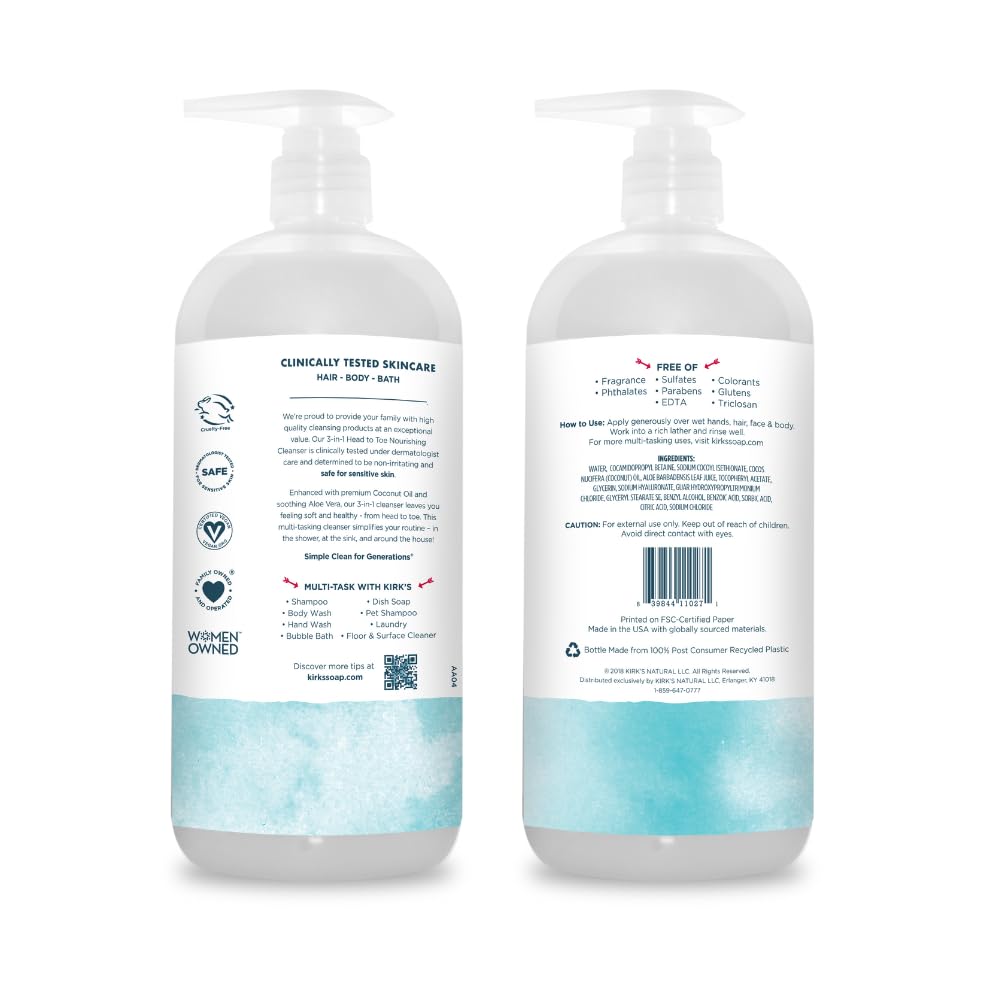 Kirk's 3-in-1 Head to Toe Nourishing Cleanser & Travel Size Bar Soap - for Men, Women & Children, Made with Premium Coconut Oil and Aloe Vera, Non-GMO & Vegan, Fragrance Free, 32 Fl Oz.