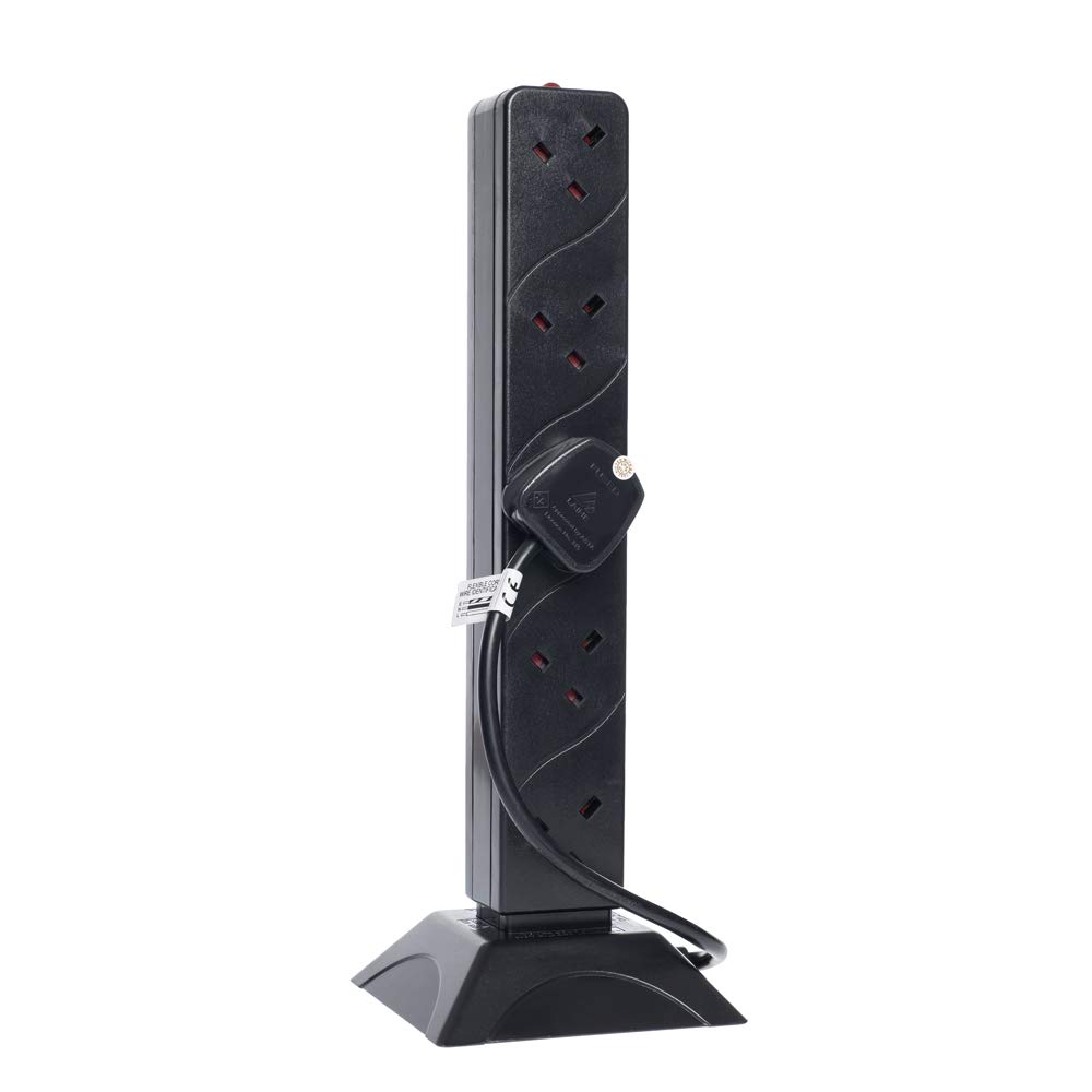 Invero® 10 Way Gang Tower Mains Power Extension Socket Adapter 2M Metre British Approved Lead UK Plug - Black