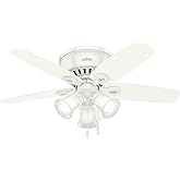 Hunter 42 inch Indoor Ceiling Fan with LED Lights - White Ceiling Fan with Pull Chain, For Bedroom, Living Room, or Kitchen, 