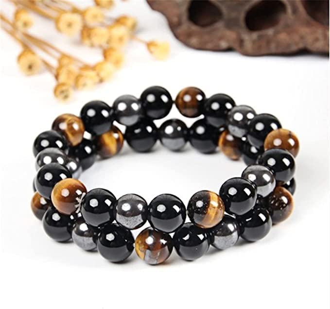 WFJ Black Obsidian Hematite Triple Protection Bracelets Set - Tiger Eye Beaded Natural Stone Bracelet for Men Women Gemstone (10MM)