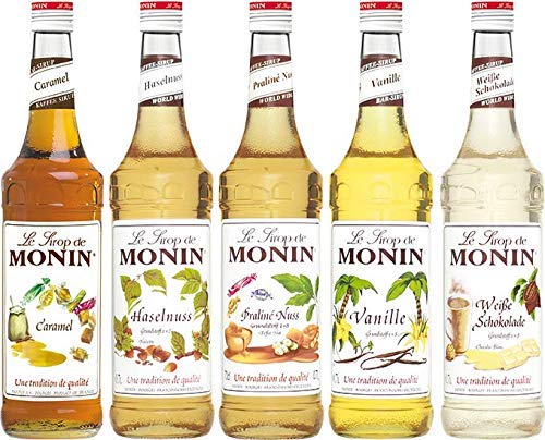 MONIN-SET Café 5+5 - 5x Kaffee Sirup + 5x Pumpen - Karamell, Vanille, Praline-Nuss, Haselnuss, Weisse Schokolade (5x 0,7l) – Bild 3