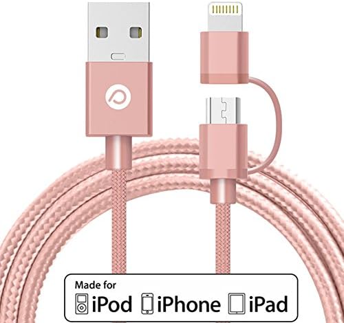 Power Trend MFI Certified 2M 6.6FT 2 in 1 Nylon Braided Cable USB to Lightning Cord for iPhone 7 / 6S / 6 Plus / SE / 5S / 5C / 5 / iPad / iPod and Other Smart Phones and Tablets (Rose Gold)
