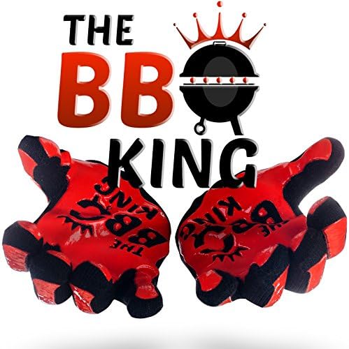 The BBQ King Barbecue Gloves- Premium Heat Resistant Aramid Fabric &amp; Silicone Mitts Great For Grilling, Cooking, Baking, Fireplace. Long Forearm For Extra Protection. Red-Black, One Size, 1 Pair P/Box