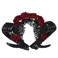 Steampunk Restyle Sheep Horn Rose Flower Headband Gothic Beauty Horror Horns Halloween Black Veil Lace Retro Hair Accessories (Headband)