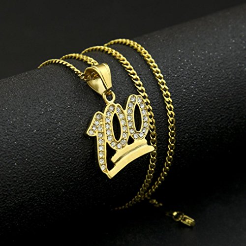 Emoji 100 Logo Pendant Bling Necklace,Fimkaul Crystal Diamond Hip Hop Statement Necklace Cuban Chain (20'', gold)