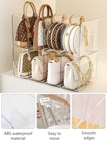 Bag Storage Organizer, 4 Pack Clear Plastic Handbag Shelf Stand, 4 Sections Bags Closet Shelf Divider for Closet, Display Holder Organiser for Purses, Clutches, Wallets, Book