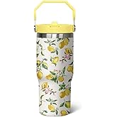 qwpmvhsak 30 oz Lemon Flip Tumbler with lid and Straw, Lemon Gifts for Women, Coffee Travel Mug Cup Water Bottle