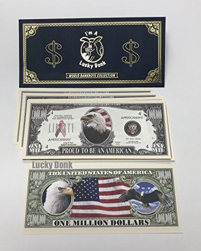 50 X Lucky Donk Novelty fake play money Proud to Be an American US Flag Eagle One Million Dollars Bill in a special Lucky Donk envelope