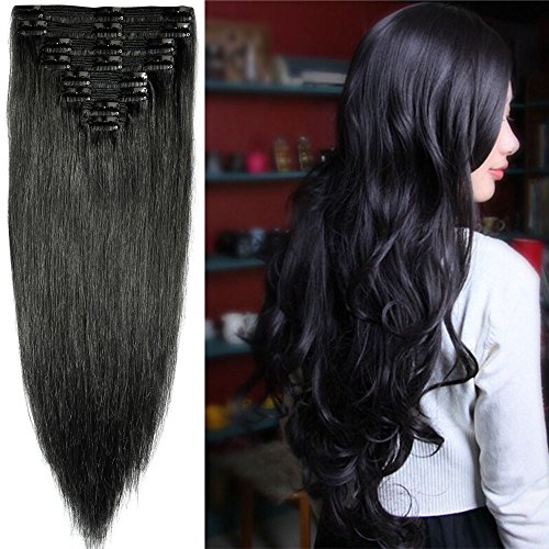 UPC 602310476768, s-noilite 10&quot;-22&quot; Thick Double Weft 130-160g Grade 7A 100% Clip in Remy Human Hair Extensions Full Head 8 Piece (22&quot;-160g #1 Jet Black)