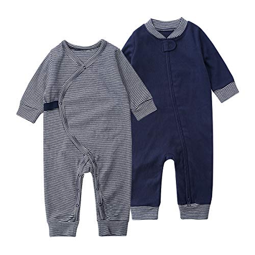 Teach Leanbh Baby 2-Pack 100% Cotton Romper Jumpsuits Two Way Zipper Long Sleeve Footless Sleep and Play (0-2T) (18-24 Months, Navy)
