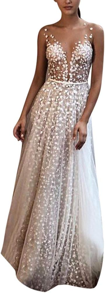 Bokeley Maxi Dress for Women Deep V-Neck Party Evening Hollow Lace Dress Ball Prom Wedding Gown