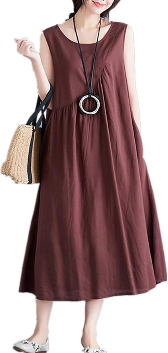Amazon Co Jp Snolyni レディースワンピース リネン ノースリーブ 無地 綿麻ワンピース マキシ丈 ゆったり 大きいサイズ ロング ワンピース ラウンドネック 体型カバー 服 ファッション小物