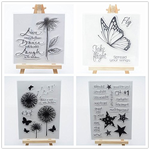 Welcome to Joyful Home 4pcs/set Star Flower Butterfly Background Rubber Clear Stamp for Card Making Decoration and Scrapbooking