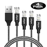 Jakpas Phone Cable, 4Pack 3FT 6FT 6FT 10FT Phone Charger to USB Syncing Charging Cable Data Nylon Braided Cord Compatible iPhoneXs/XS Max/XR/X/8/8 Plus/7/7Plus/6/6Plus/6s/6sPlus More (Black&White)