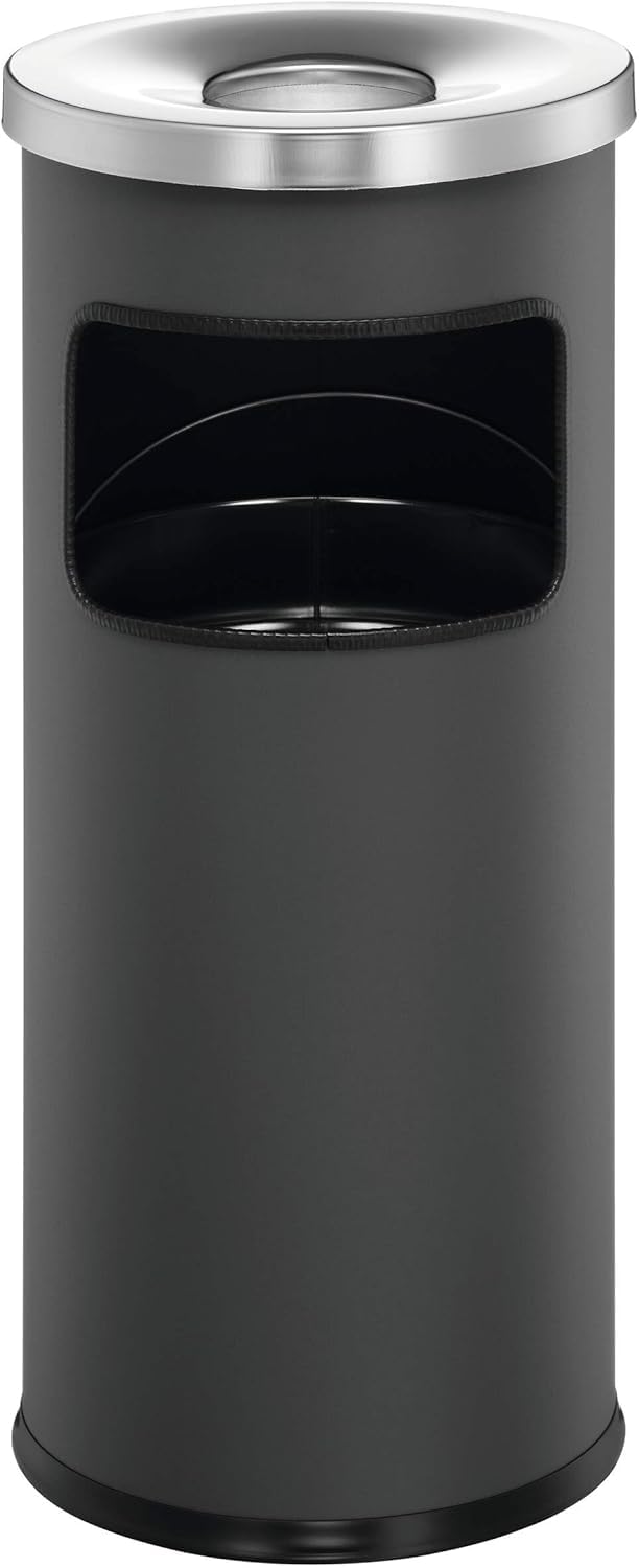 Durable Metal Round Waste Bin with Ashtray Top - Charcoal - Bin Capacity 17 Litres - Ashtray Capacity 2 Litres - Perfect For Sheltered Outdoor Areas