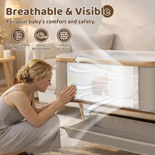 Baby Bassinet, Rocking Bedside Sleeper, Detachable & Portable Bassinet with 8-Level Height, Breathable Mesh, Storage Basket & Rotating Mobile Toy for Newborns Infant(Khaki)