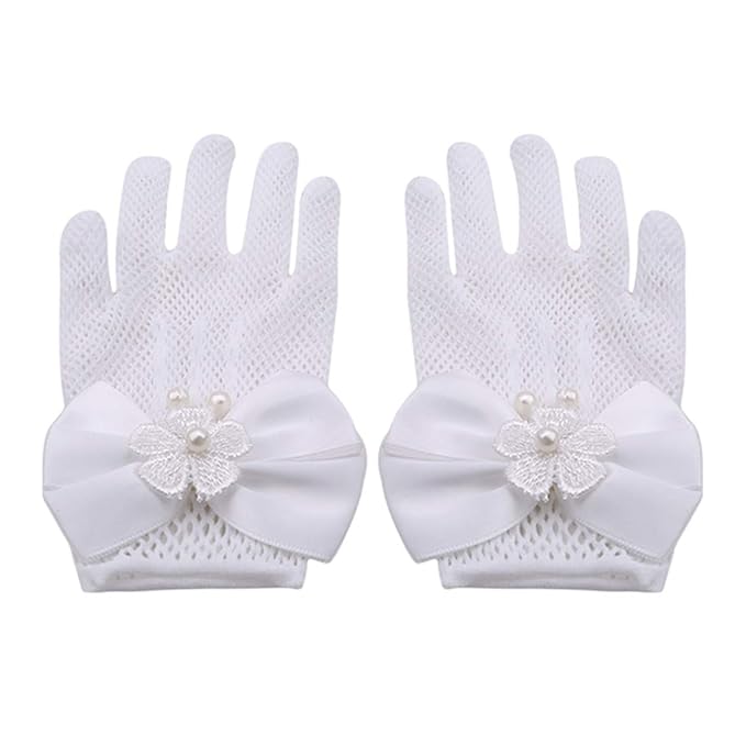 Beafavor Mädchen Kinder Weiß Spitze Faux Perle Fishnet Handschuhe Kommunion Blumenmädchen Braut Party Zubehör (Weiß)