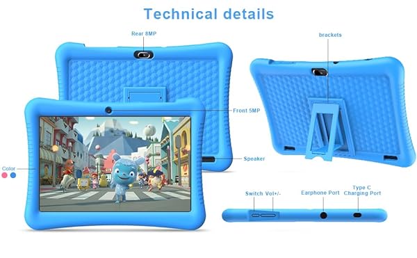 SEMEAKOKO KIDS TABLET 10 INCH ANDROID 13 WITH SHOCKPROOF CASE, QUAD-CORE 32GB, 512GB EXPANDABLE, PARENTAL CONTROL, PRE-INSTALLED APPS, 6000MAH BATTERY, GIFTS FOR 3-12 YEAR OLDS (BLUE)