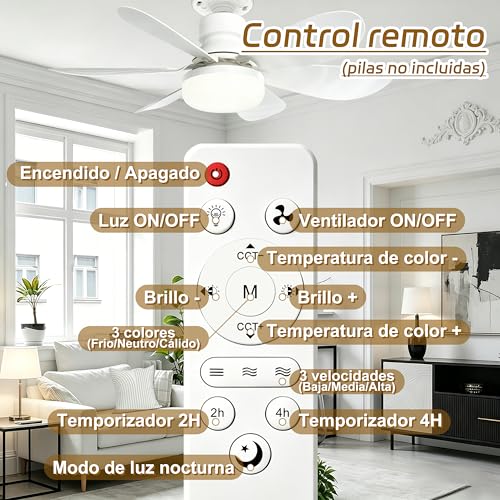 Ventilador de techo con luz LED 40W, 52cm, 6 aspas, control remoto, 3 velocidades, 3 colores de luz, 3000-6500K, motor ultra silencioso, E26/E27, ideal para sala y dormitorio (Blanco)